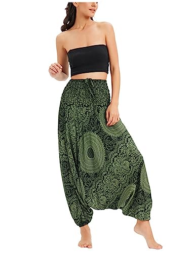 Damen Haremshose Goa Hose Pluderhose Yoga Hose Aladinhose mit Tiefem Schritt Muckhose Freizeithose Pumphose Jumpsuit Hohe Taille Elastischer Bund Dünn Cool Atmungsaktiv Two Way to Wear - Dunkelgrün von Camilife