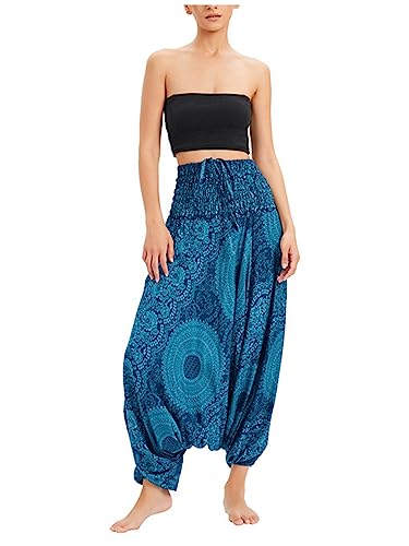 Damen Haremshose Goa Hose Pluderhose Yoga Hose Aladinhose mit Tiefem Schritt Muckhose Freizeithose Pumphose Jumpsuit Hohe Taille Elastischer Bund Weich Dünn Cool Atmungsaktiv Two Way to Wear - Blau von Camilife