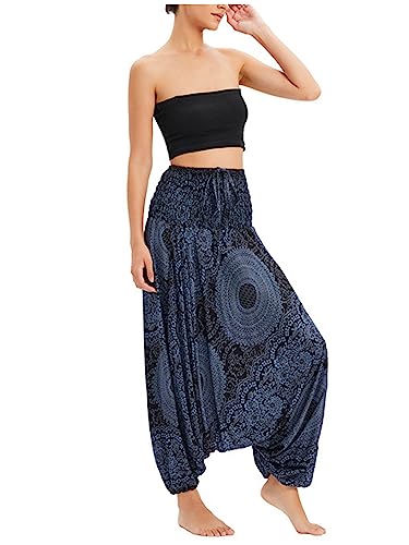 Damen Haremshose Goa Hose Pluderhose Yoga Hose Aladinhose mit Tiefem Schritt Muckhose Freizeithose Pumphose Jumpsuit Hohe Taille Elastischer Bund Weich Dünn Cool Atmungsaktiv Two Way to Wear - Schwarz von Camilife