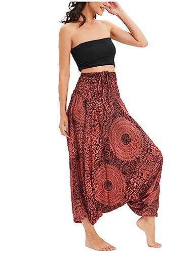 Damen Haremshose Goa Hose Pluderhose Yoga Hose Aladinhose mit Tiefem Schritt Muckhose Freizeithose Pumphose Jumpsuit Hohe Taille Elastischer Bund Weich Dünn Cool Two Way to Wear - Braun-orange von Camilife