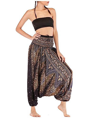 Damen Haremshose Goa Hose Yoga Hose Pluderhose Aladinhose mit Tiefem Schritt Muckhose Freizeithose Pumphose Jumpsuit Hohe Taille Elastischer Bund Weich Dünn Cool Atmungsaktiv Two Way to Wear - Schwarz von Camilife