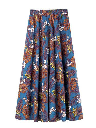 Damen Leinen Baumwolle Maxirock mit Seitentaschen Elastischer Bund Langer Rock Boheme Retro Vintage Rocklänge 90cm -C641 Verkehrsblau mit Braun Blättern & Gelb Weiß Blumen von Camilife