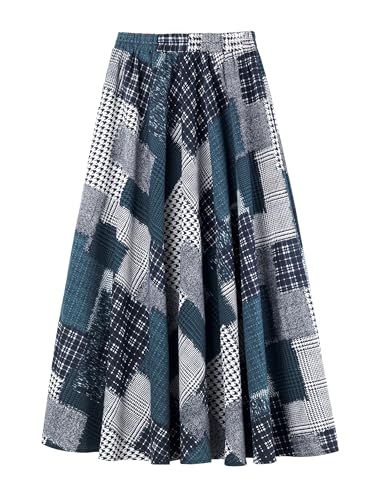 Damen Leinen Baumwolle Maxirock mit Seitentaschen Elastischer Bund Langer Rock Boheme Retro Vintage Rocklänge 90cm - Patchwork Pattern Dunkelblau C125 von Camilife