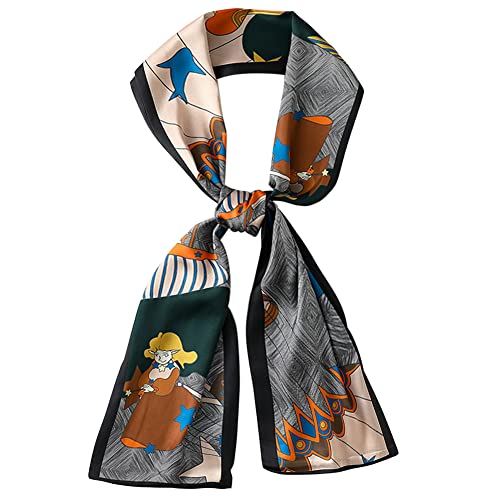 Damen Mädchen Kunstseide Langer Schmaler Schal Halstuch Elegant Krawatte Schal Haarband Haarschmuck Gürtel Weich Glatt 15×150cm - Cartoon Muster Schwarz von Camilife