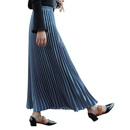 Damen Mädchen Plisseerock in Maxilänge Plissee-Maxirock Elastische Chiffon Langer Faltenrock Elastischer Bund für Frühling Sommer Herbst - 90cm Einfarbig Blaugrau von Camilife