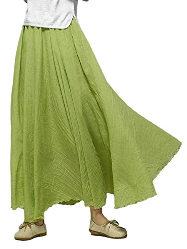 Damen Maxirock Baumwolle Lange Rock Tellerrock Doppelt Schicht Elastischer Bund Damenrock für Freizeit Urlaub Strand - Gelbgrün Länge 95cm von Camilife