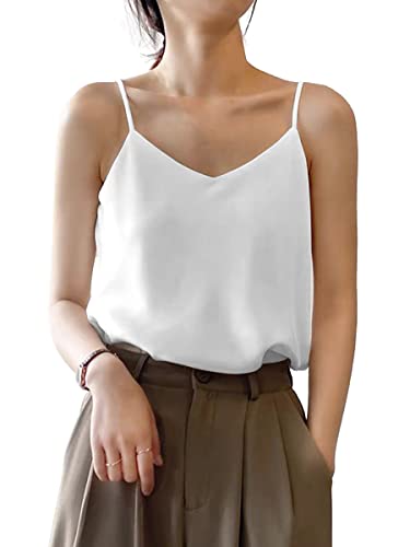 Damen Rayon Satin Trägertop Camisole Top Elegant Cami Tank Top Unterhemd V-Ausschnitt Schimmernd Glatt Leicht Komfort - Einfarbig Weiß Herstellergr. XXL von Camilife