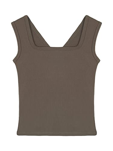 Damen Rippen Tank Top Trägertop Ärmellos T-Shirt Breiten Trägern Quadratischer Ausschnitt Hochelastisch Slim Fit Atmungsaktiv All-Match Basic Casual Sommer Tops - Einfarbig Hellbraun Herstellergr. XL von Camilife