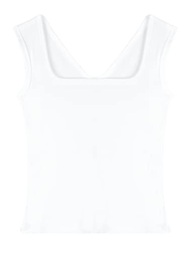 Damen Rippen Tank Top Trägertop Ärmellos T-Shirt Breiten Trägern Quadratischer Ausschnitt Hochelastisch Slim Fit Atmungsaktiv All-Match Basic Casual Sommer Tops - Einfarbig Weiß Herstellergr. XL von Camilife