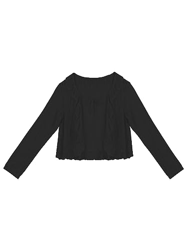 Damen Spitzen Kurze Strickjacke Jäckchen Sommer Cardigan Lange Ärmel Super Dünne Semi-Sheer mit Süßer Rüschen Mikroelastisch Kurzjacke Schulterjacke Offen Blusen - Schwarz von Camilife
