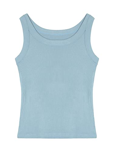 Damen Viskose Rippen Tank Top Trägershirt Ärmellos T-Shirt mit U-Ausschnitt Unterhemd Hochelastisch Slim Fit Kühl Atmungsaktiv All-Match Basic Casual Sommer Tops - Einfarbig Blau Herstellergr. L von Camilife