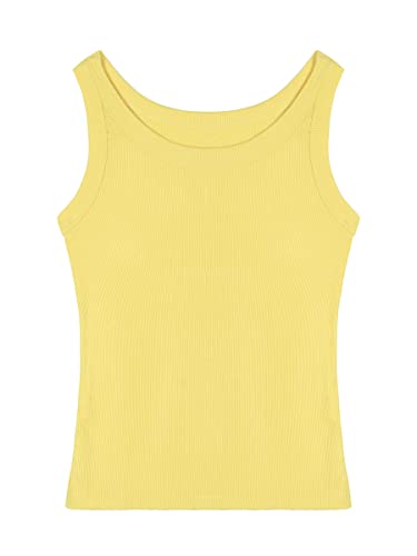 Damen Viskose Rippen Tank Top Trägershirt Ärmellos T-Shirt mit U-Ausschnitt Unterhemd Hochelastisch Slim Fit Kühl Atmungsaktiv All-Match Basic Casual Sommer Tops - Einfarbig Gelb Herstellergr. L von Camilife
