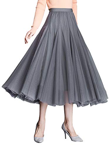 Edler Midi Tüllrock Midirock für Damen Mädchen A Linie Elastischer Hoher Bund Großer Saum Prinzessin Rock - Einfarbig Dunkelgrau 36-40 von Camilife