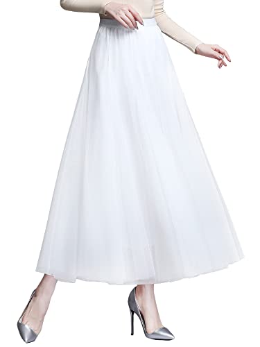 Edler Tüllrock A Linie Elastischer Hoher Bund Großer Saum Cool Prinzessin Langer Rock Maxirock für Damen Mädchen - Einfarbig Weiß von Camilife