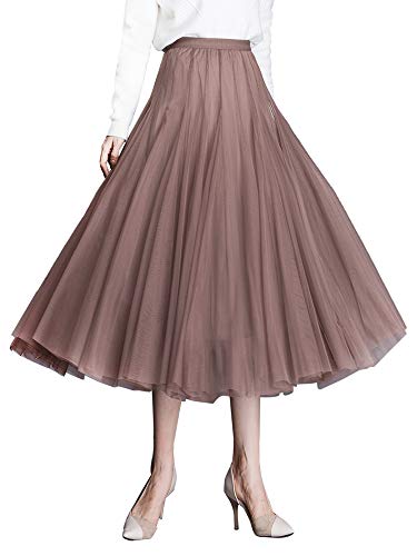 Edler Tüllrock Midirock für Damen Mädchen A Linie Elastischer Hoher Bund Großer Saum Prinzessin Rock - Einfarbig Braun 36-40 von Camilife