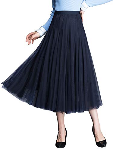 Edler Tüllrock Midirock für Damen Mädchen A Linie Elastischer Hoher Bund Großer Saum Prinzessin Rock - Einfarbig Navy Blau von Camilife