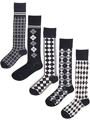 Fünferpack Mädchen Damen Wadenstrümpfe Vintage Retro Gestrickte Mädchensocken Britischer College Stil Highstreet Stil 35-39 - Argylemuster Weiß & Schwarz A & Schwarz B & Schwarz C & Schwarz D von Camilife