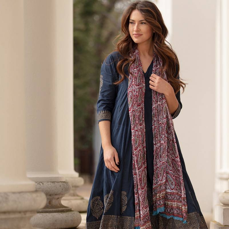 Chiffon Schal - Weicher Viskose Chiffon, Blockprint, Geschenk Für Sie, Off White Mit Rot Und Türkis von CamillaCostello