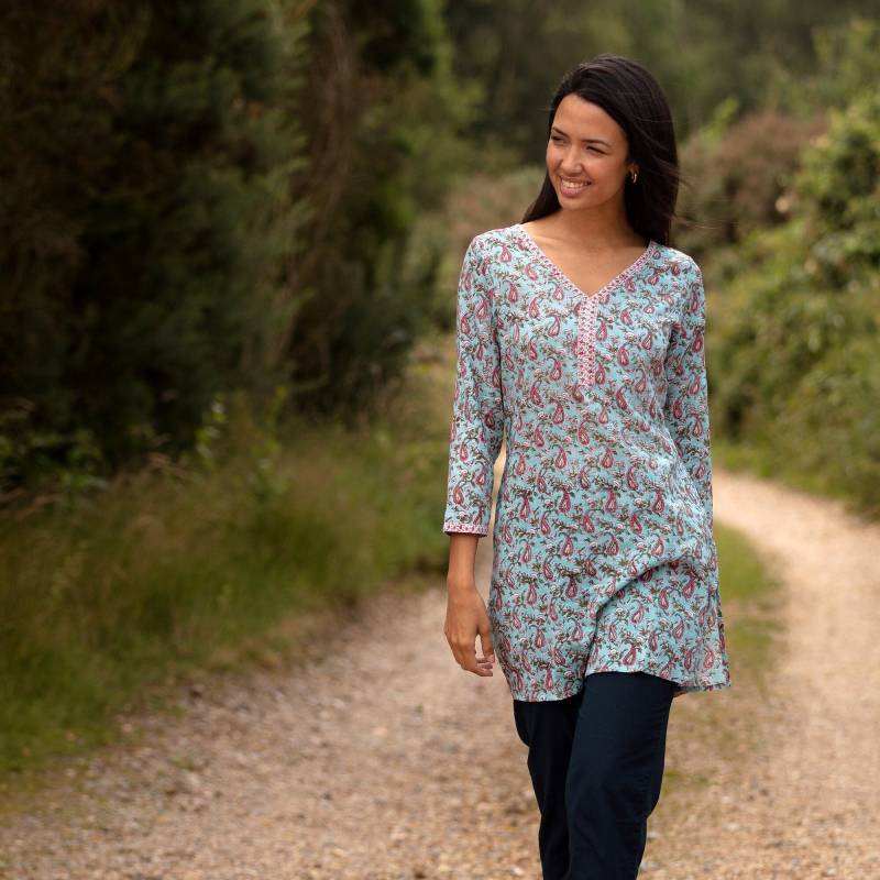 Sale Long Top Von Kurta - Alle Größen Style 2 Türkisblau Mit Pink Paisley 100% Leichte Baumwolle/Tunika/3/4 Ärmel/Sommer Top von CamillaCostello