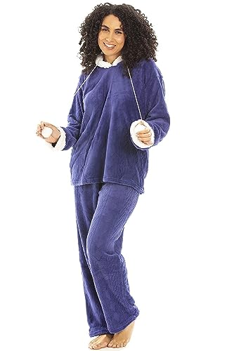 Camille Damen Schlafanzug aus weichem Fleece mit Kapuze 42/44 Navy von Camille