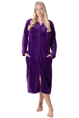 Camille Damen Super Soft Fleece Hausmantel - Diamond Print Bademantel Mit Reißverschluss - Langärmelig Und Seitentaschen Für Ultimativen Komfort Und Wärme Violett 50-52 von Camille