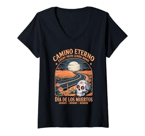 Damen Tag der Toten Eternal Road - Spiritual Road Sugar Skull T-Shirt mit V-Ausschnitt von Camino Eterno Dia de los Muertos