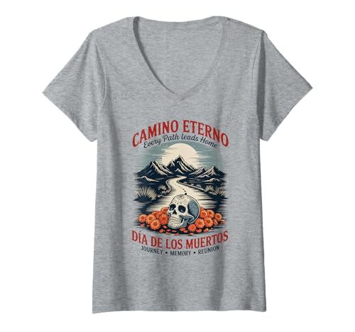 Damen Tag der Toten Ewige Reise Calavera T-Shirt mit V-Ausschnitt von Camino Eterno Dia de los Muertos