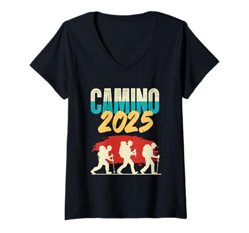 Damen Camino de Santiago 2025 Shirt Wandern Pilgern Buen Camino T-Shirt mit V-Ausschnitt von Camino Santiago Pilgern Wandern