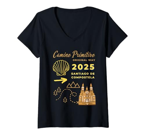 Damen Camino Primitivo 2025 Santiago de Compostela T-Shirt mit V-Ausschnitt von Camino de Santiago de Compostela Way of SaintJames