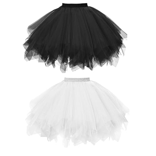 Camiraft Damen tüllrock Klassisch Elastisch Damen Karneval Kostüm Tüllrock 50er Tütü,Schwarz+Weiß Rock Kurz Ballett Unterrock Crinoline Petticoat Tütü von Camiraft