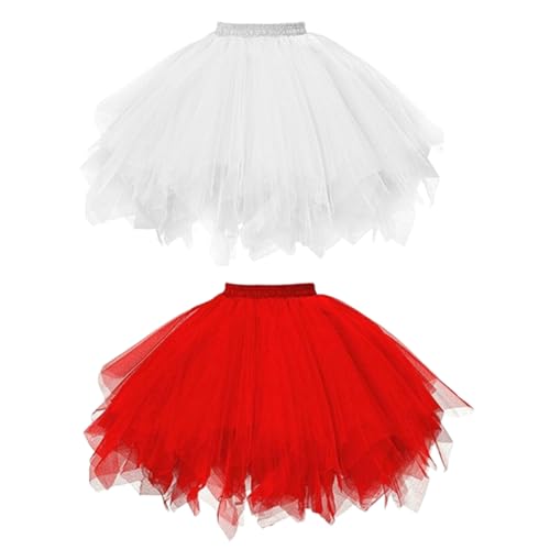 Camiraft Damen tüllrock Klassisch Elastisch Damen Karneval Kostüm Tüllrock 50er Tütü,Weiß+Rot Rock Kurz Ballett Unterrock Crinoline Petticoat Tütü von Camiraft