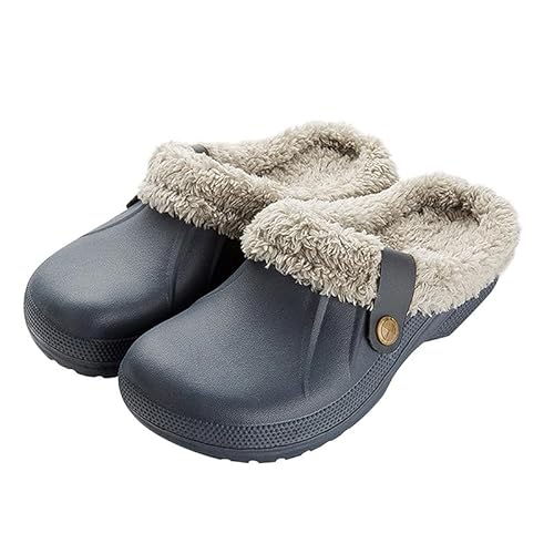 Camiraft Hausschuhe Damen Herren Clogs Gefüttert Winter Gartenschuhe Warm Gartenclogs Plüsch Pantoffeln Wasserdicht rutschfeste Outdoor Winterschuhe,Grau von Camiraft