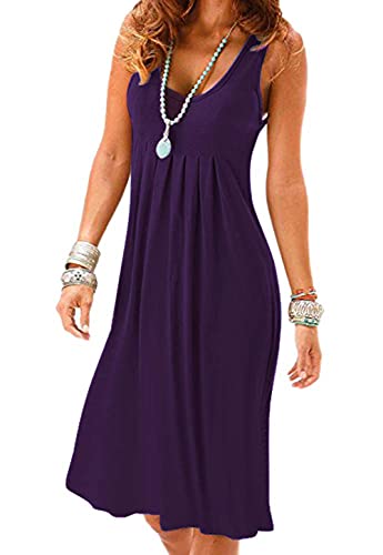 Camisunny Damen Casual Loose Tank Kleider Ärmellos Strand Urlaub Kleid Swing Plissee U Ausschnitt Mode Weich, 01 Dunkelviolett, Klein von Camisunny
