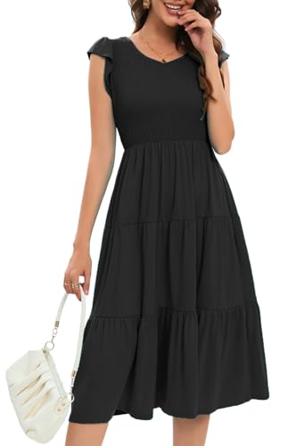 Elegantes Abendkleid, Partykleid, Flatterärmel, Midi-Sommer, Strand, V-Ausschnitt, lässig, gestuft, gesmokt, Schwarz, X-Groß von Camisunny