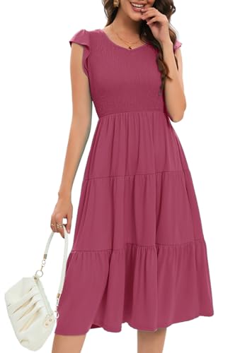 Elegantes Abendkleid, Partykleid, Flatterärmel, Midi-Sommer, Strand, V-Ausschnitt, lässig, gestuft, gesmokt, Violett, Rot, X-Groß von Camisunny