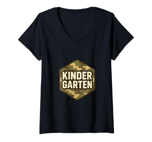 Damen Kindergarten Camouflage Abzeichen Kindergarten Schule Stolz T-Shirt mit V-Ausschnitt von Camo Patch KINDERGARTEN Lehrer Schüler Spaß