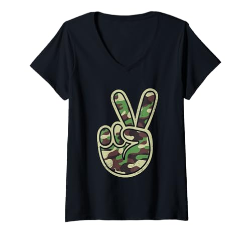 Damen Camo Peace Zeichen Retro Vintage Kinder Camouflage Jungen Camo T-Shirt mit V-Ausschnitt Damen Camo Peace Zeichen Retro Vintage Kinder Camouflage Jungen Camo T-Shirt mit V-Ausschnitt von Camo Peace Sign Camouflage Designs