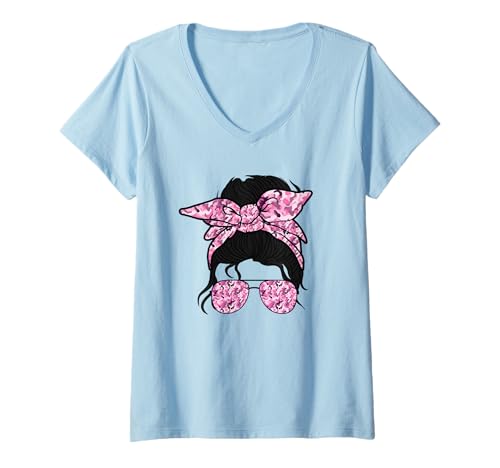 Damen Pink Camouflage Camo Messy Bun Hunting für Mädchen Frauen Kinder T-Shirt mit V-Ausschnitt Damen Pink Camouflage Camo Messy Bun Hunting für Mädchen Frauen Kinder T-Shirt mit V-Ausschnitt von Camouflage Messy Bun Hunting Designs Co.