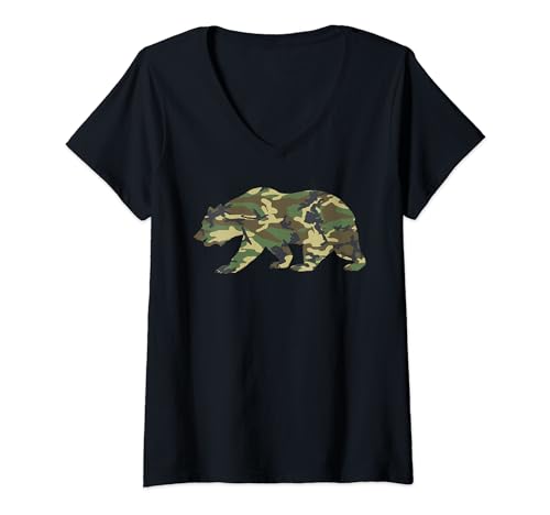 Damen Camouflage-Waldbär T-Shirt mit V-Ausschnitt von Camouflage Woodland Bear