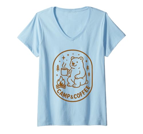 Damen Camp and Coffee Bear Camping-Kaffeedesign T-Shirt mit V-Ausschnitt Damen Camp and Coffee Bear Camping-Kaffeedesign T-Shirt mit V-Ausschnitt von Camp Coffee Bear Adventures
