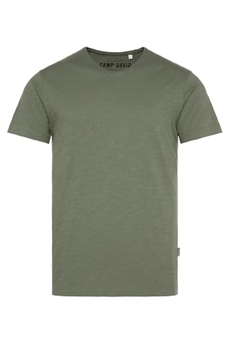 Camp David Herren Basic T-Shirt V-Neck mit Used-Kante Green Olive, L von Camp David
