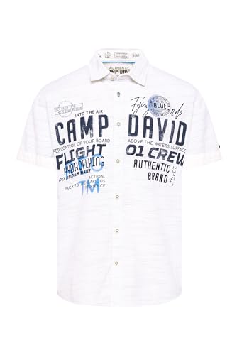 Camp David Herren Kurzarm-Streifenhemd mit Label-Stickereien Opticwhite, M von Camp David