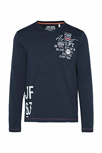 Camp David Herren Langarmshirt mit V-Neck und Logo-Artworks Blue Navy M von Camp David