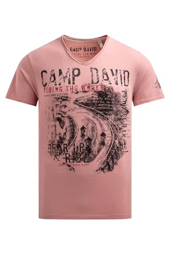 Camp David Herren T-Shirt V-Neck im Used Look mit Photoprint Old Peach, XXL von Camp David