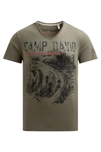Camp David Herren T-Shirt V-Neck im Used Look mit Photoprint Vintage Khaki, XXL von Camp David