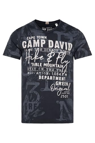 Camp David Herren T-Shirt V-Neck mit All Over Print Blue Navy M von Camp David