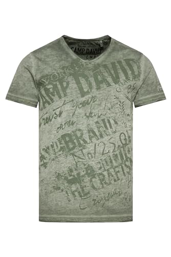 Camp David Herren V-Shirt im Vintage Look mit Print Artworks Green Olive 4XL von Camp David