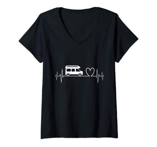 Damen Camper EKG Herzschlag Wohnmobil Womo Zubehör Camping Herz T-Shirt mit V-Ausschnitt von Camper EKG Herzschlag Wohnmobil Womo Zubehör