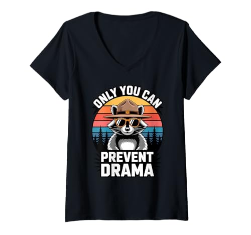 Damen Only You Can Prevent Drama Funny Camping Raccoon Ranger T-Shirt mit V-Ausschnitt Damen Only You Can Prevent Drama Funny Camping Raccoon Ranger T-Shirt mit V-Ausschnitt von Campfire Critters Retro Club