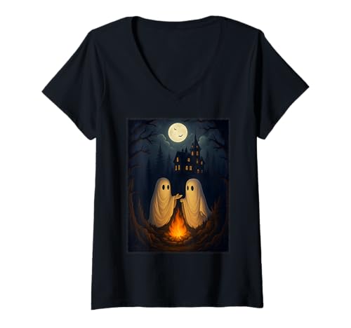Damen Lagerfeuer Ghost Shirt Haunted Forest Bonfire Cute T-Shirt mit V-Ausschnitt von Campfire Ghost Tee Shirts for Spooky Halloween